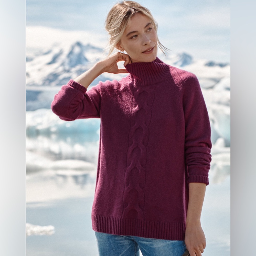 Garnet Hill maroon cabled cashmere turtleneck
